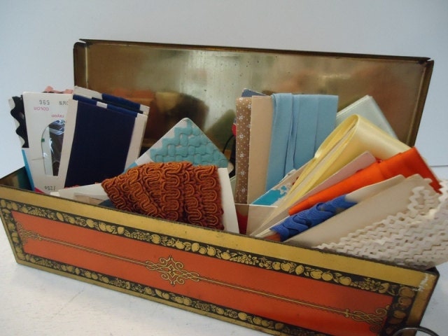 Vintage Orange Tin,  Sewing Trim andt  Notions, Hankey's Fruit Cake Orange Tin