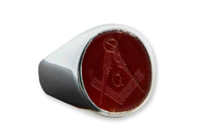 Red Agate Masonic Set Square & Compass Silver Ring