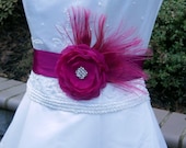 Stunning Wedding Dress Sash Fuschia Chiffon Flower with Peacock Feathers, Pearls and Crystals