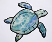 Stained Glass SEA TURTLE - Blues, Greens, White with touches of Raspberry & Yellow  - USA Handmade Original