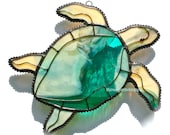 Stained Glass SEA TURTLE Suncatcher - Exquisite Aqua / Turquoise & Caramel, with White - USA Handmade Original