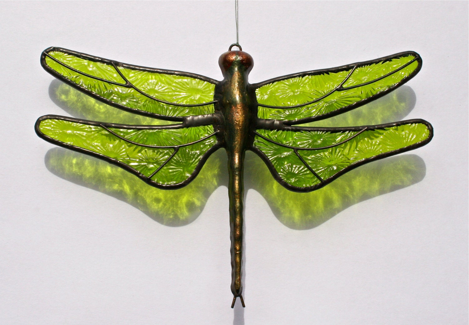 Stained Glass DRAGONFLY Suncatcher, "Florentine" Spring Green Wings / Handcast Metal Body, USA Handmade