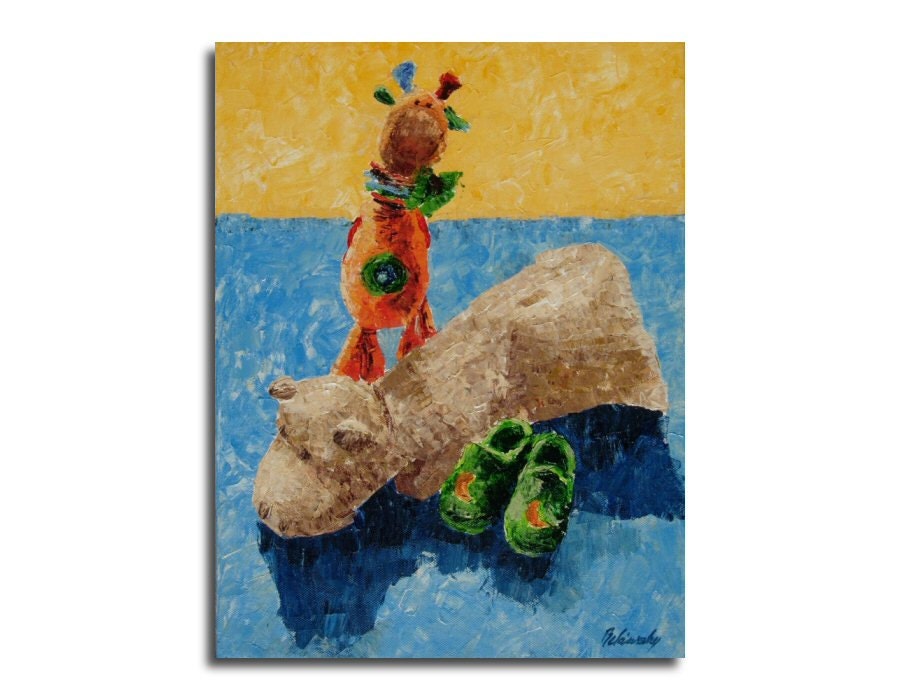 Finally asleep :-) - Print of original painting -  Still-life painting print - blue yellow red - child's room decor, nursery art - 10" x 8"