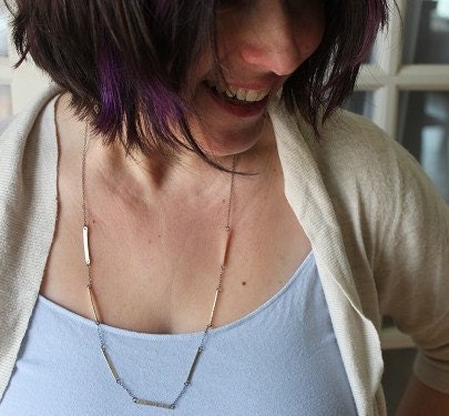 Dash and chain necklace, Simple silver layering necklace