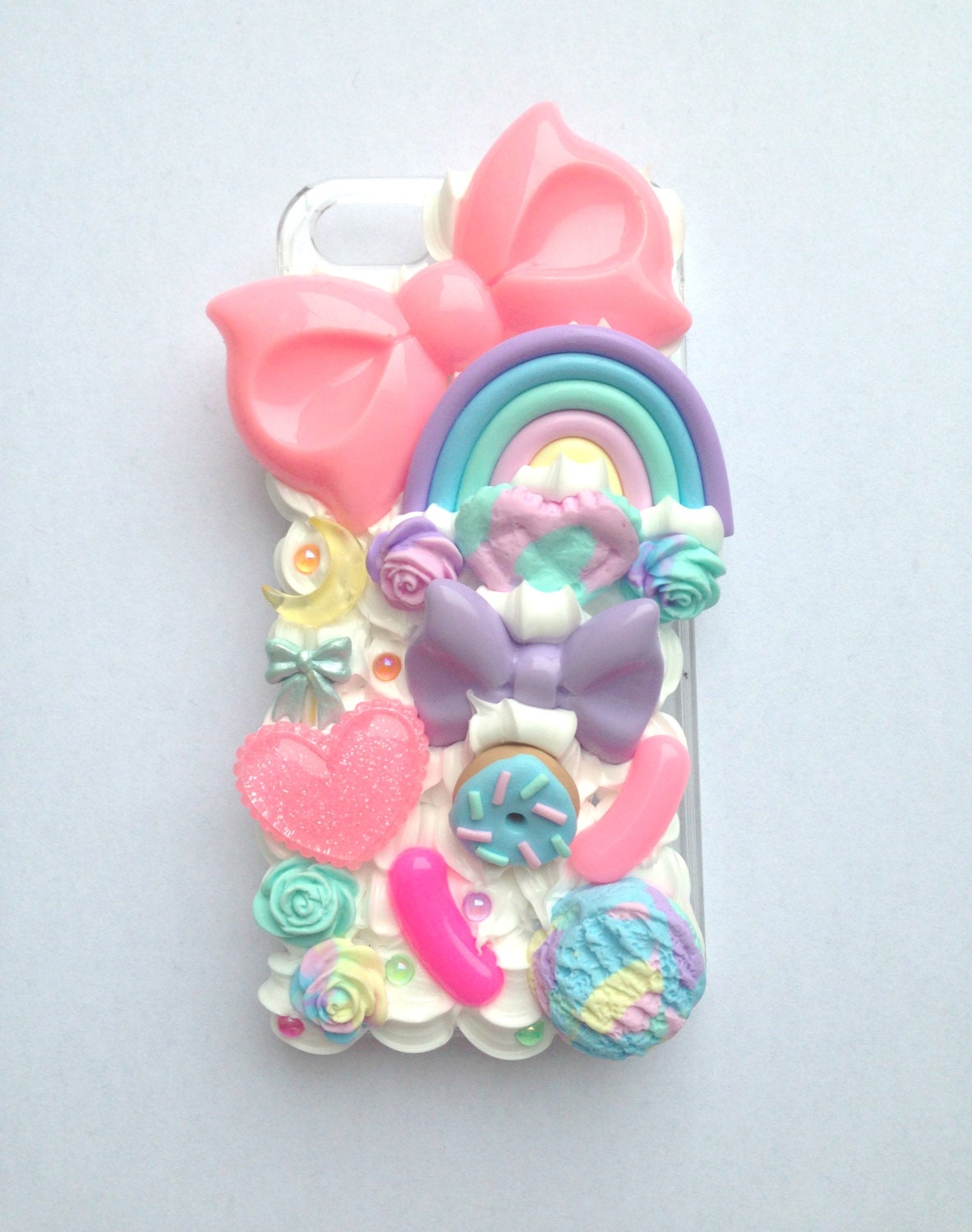 Kawaii Pastel Rainbow Decoden Moon FairyKei Bow Doughnut Handmade Clay Heart Whipped Cream iPhone 5 Cell Phone Case