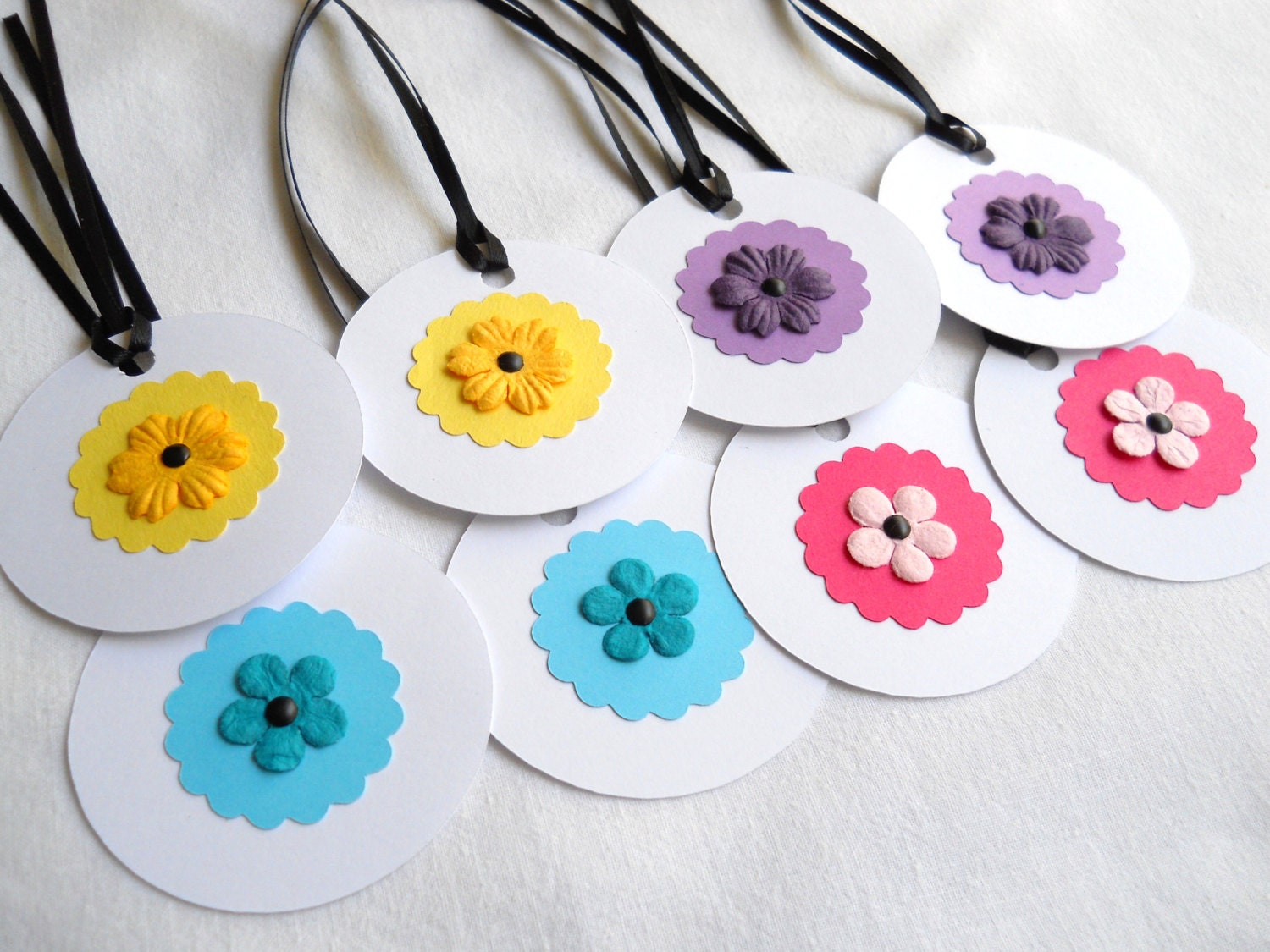 Flower Gift Tags Whimsical Birthday Party Favor Label in Bright Bold Colors - Set of 8