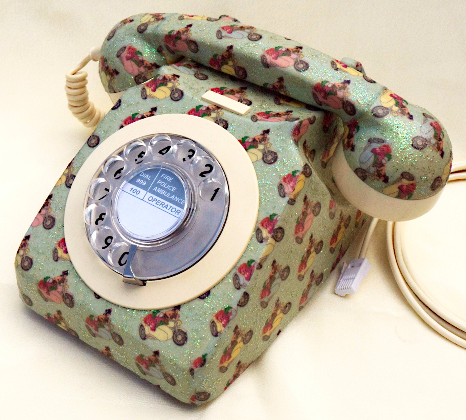 Unique Marjorie's Motorbike Glitzed Upcycled Decorated Vintage Rotary Phone FULLY WORKING
