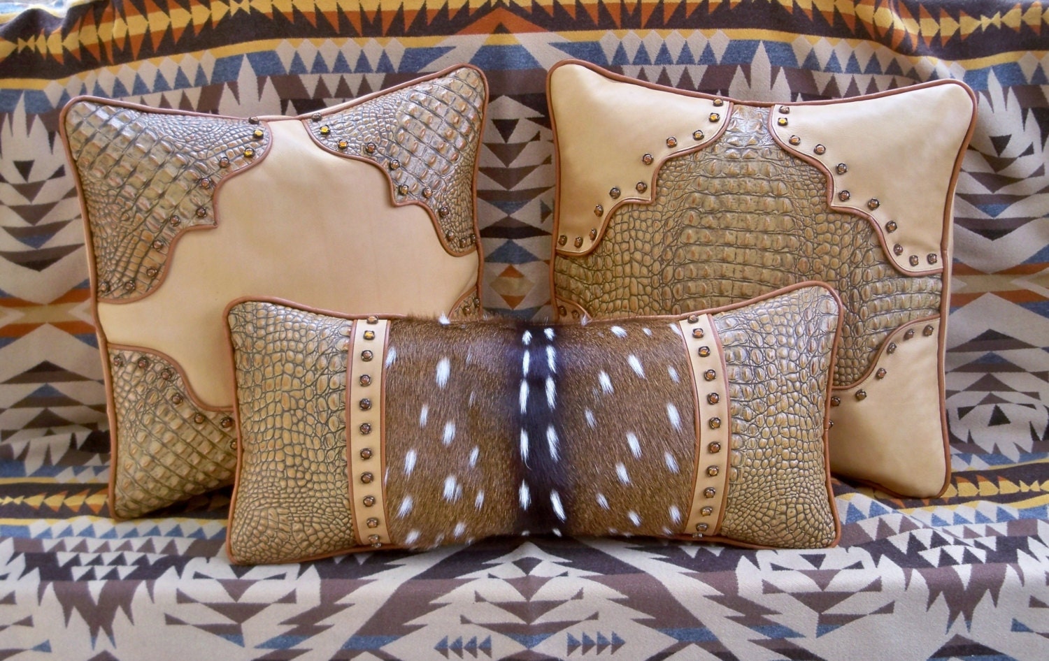 Western leather Axis Deer fur 28 X 12 pillow home decor vintage style camel tan hornback gator 
