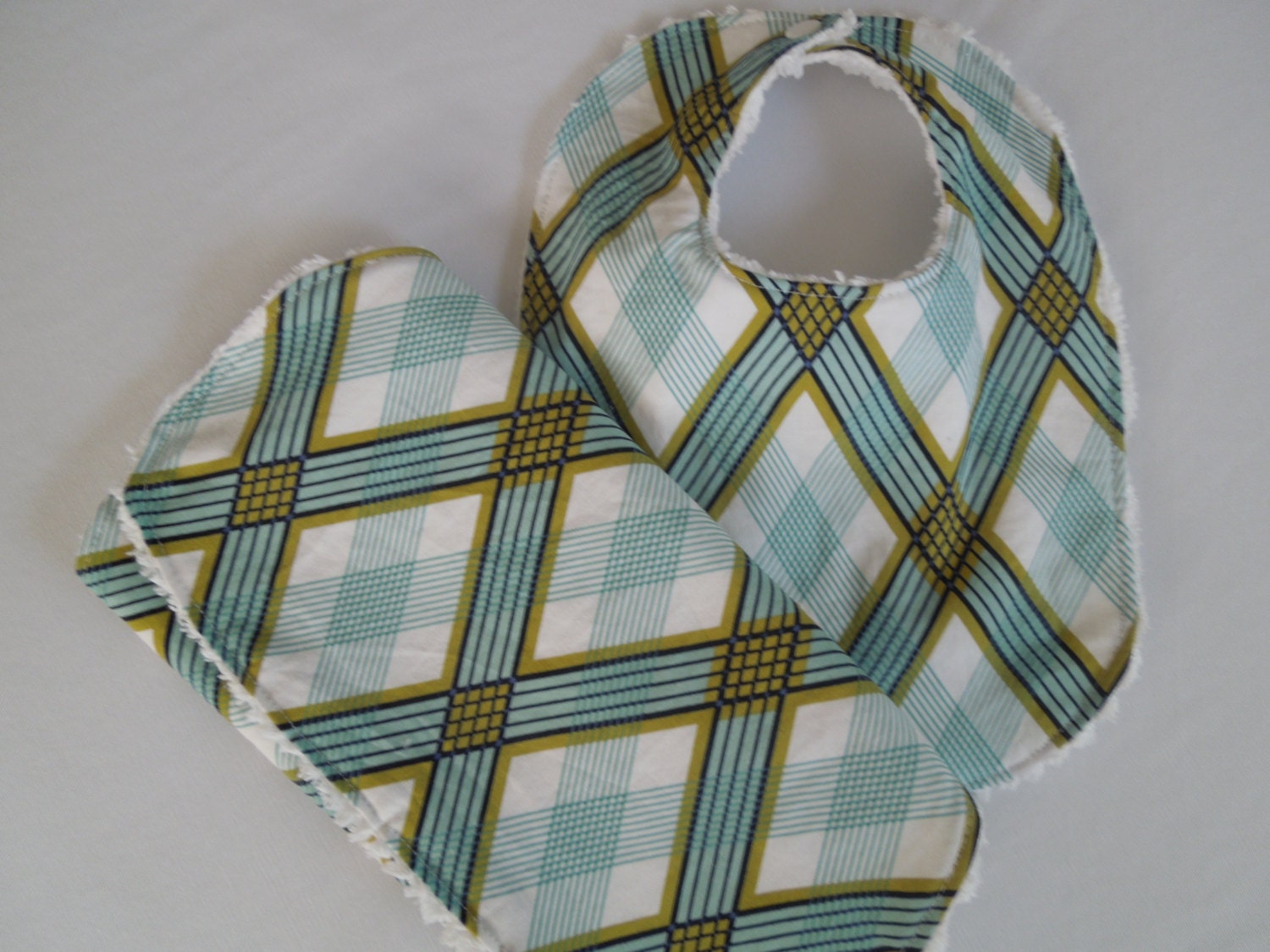 Plaid Bib and Burp Cloth Set - Baby Boy - Modern Meadow Picnic Plaid