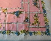 Vintage Printed Pink Cotton Tablecloth, Blue/Yellow Floral Trellis
