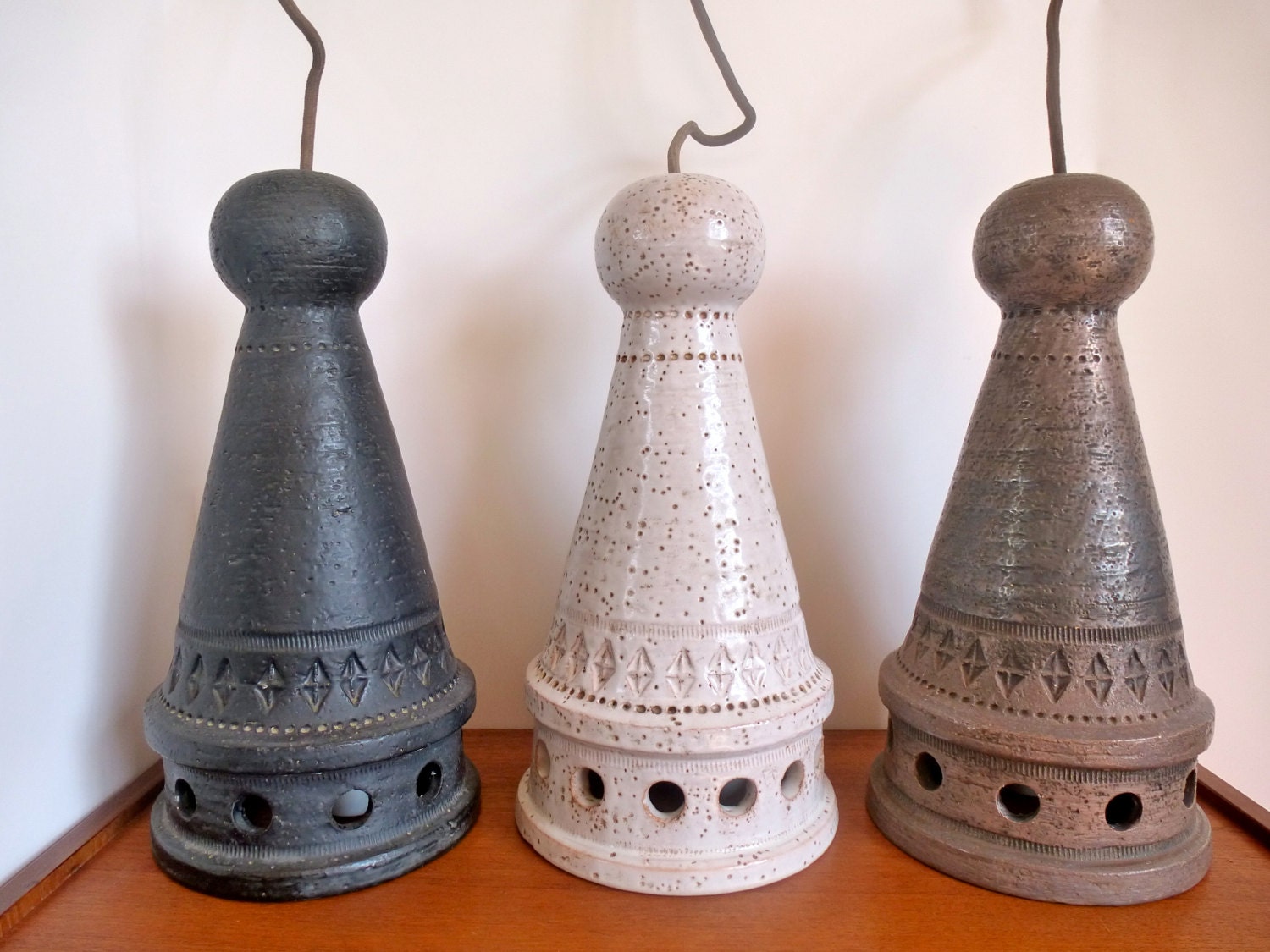 Rare Bitossi  Vintage Mid Century Ceramic Hanging Pendant Lights set of 3