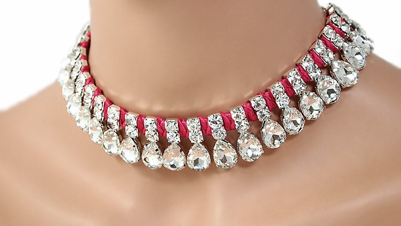 Bridal Necklace Bridal Rhinestone Wedding Necklace Bridesmaids Necklace - Braided Deep Pink Il_170x135