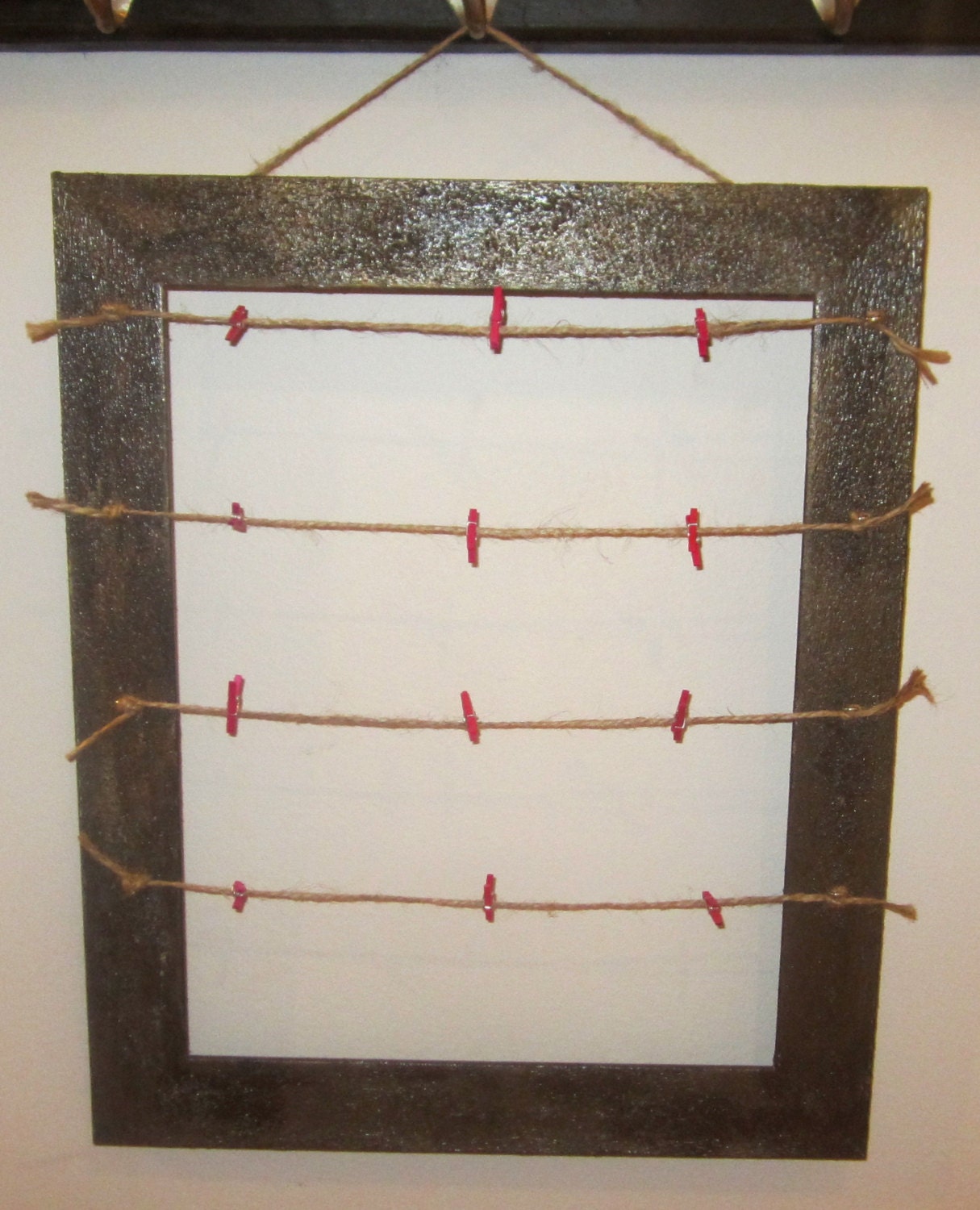 11x14 Hand-Painted Brown Picture Frame - Twine and Mini Clothespins