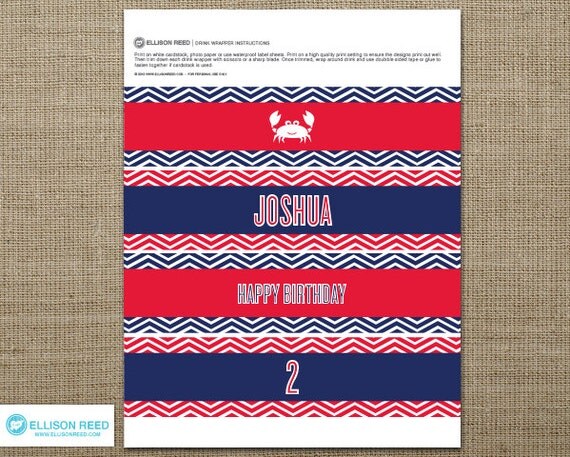 Crab Birthday - Crab Drink Wrap - Chevron - Crab Printable - Nautical Birthday - Beach Birthday - Printable Party - First Birthday Il_570xn