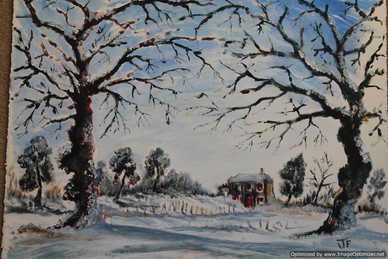 Winter is a large unframed original acrylic painting of a rural winter landscape with a house, blue sky and trees in snow.