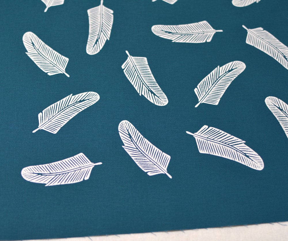 quill in alabaster on deep teal cotton handprinted fabric panel