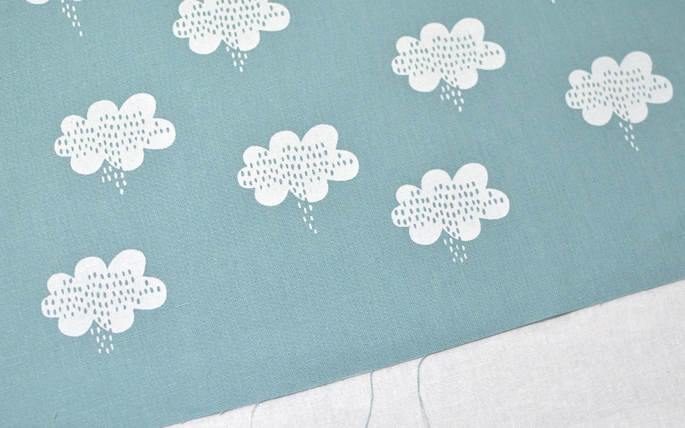 stormy weather in alabaster white on dusty blue linen cotton handprinted fabric panel