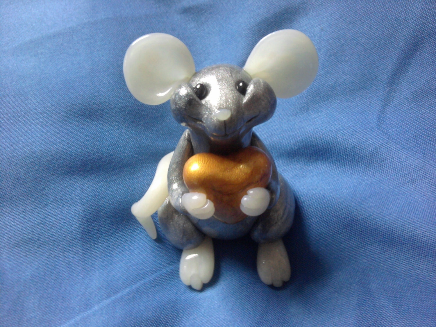 Silver and Gold Mouse Rat with Heart Polymer Clay Miniature Sculpture