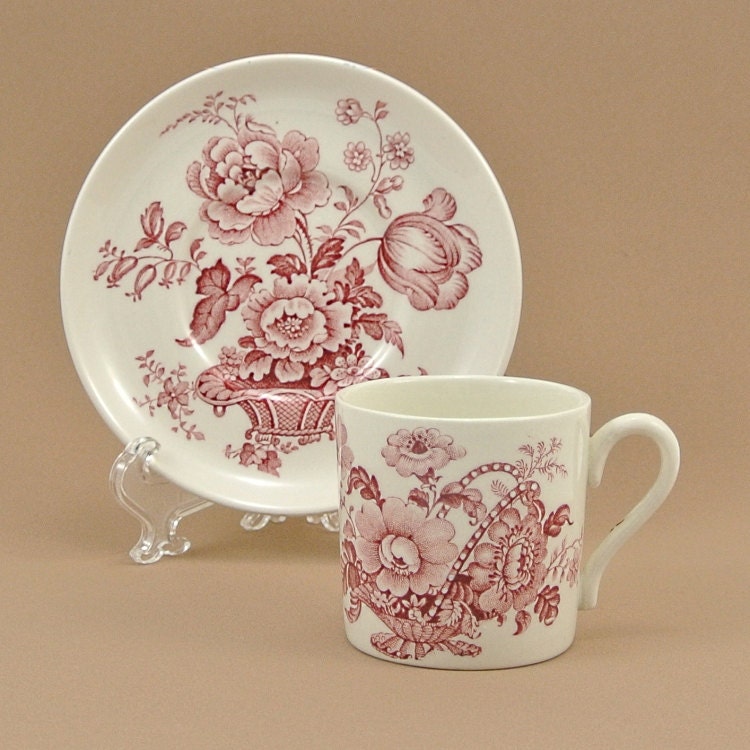 Vintage Demitasse Cup and Saucer, Royal Crownford Charlotte, English Ironstone Transferware, Flower Basket Red and White Flowers