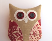 animal pillow, owl pillow, decorative burlap pillow, country red patriotic and ivory pillow, rustic decor, burlap home decor