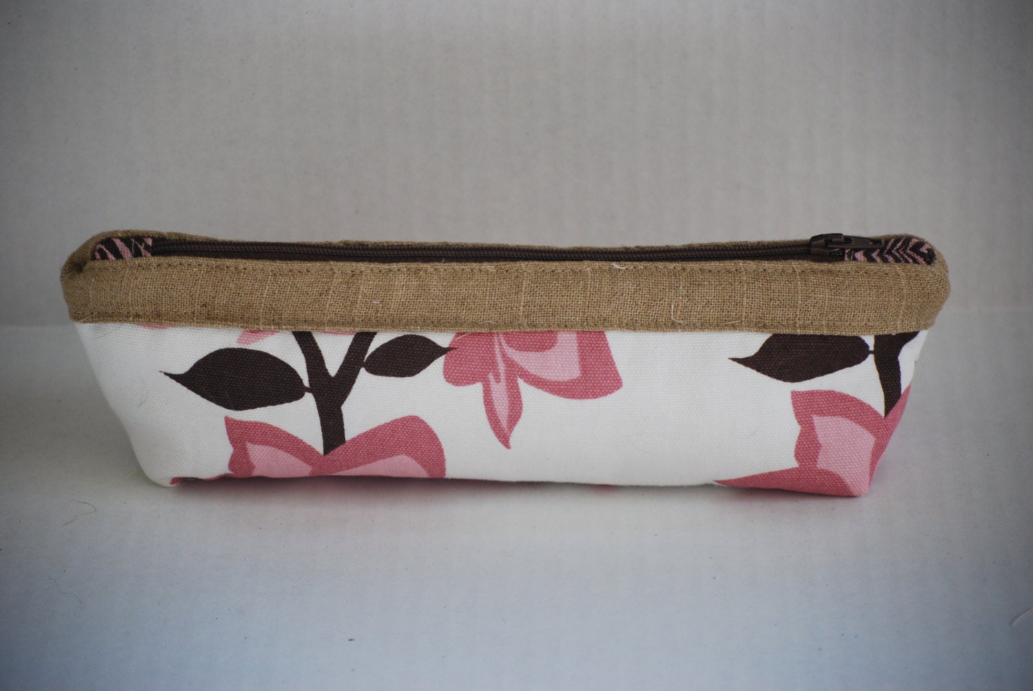 Linen and pink floral zippered novelty pencil pouch