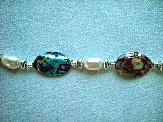 Abalone Silver Freshwater Pearl Statement Necklace, Beautiful and Elegant, Unique OOAK, Beaded