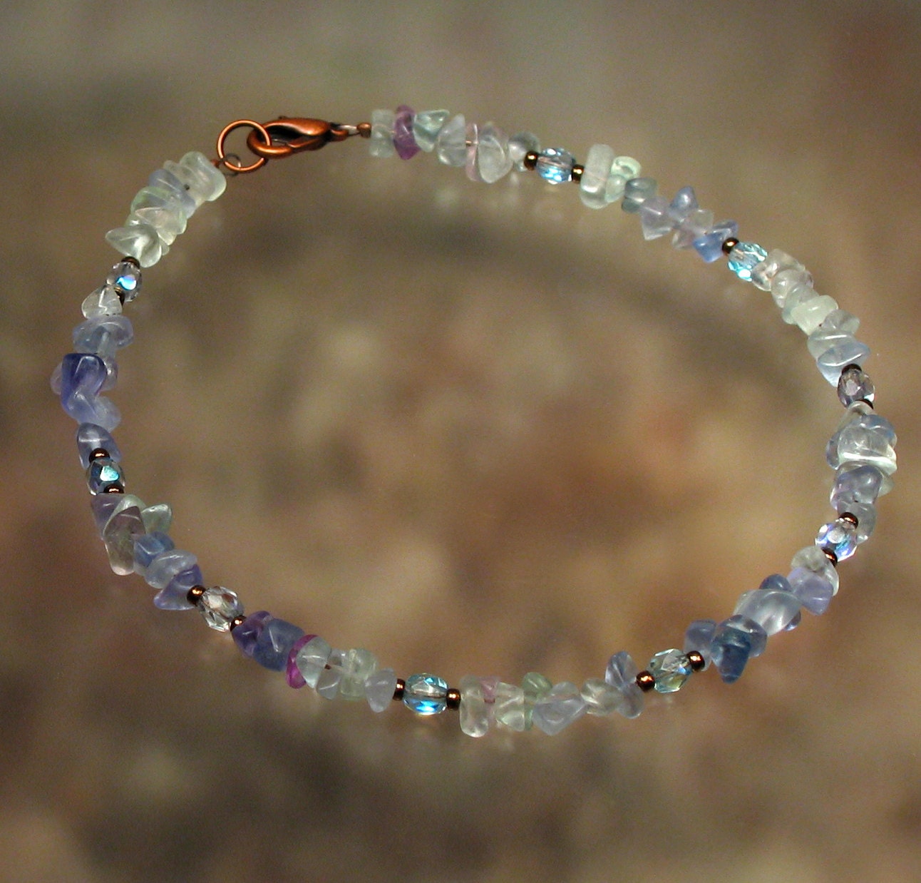 Summery Fluorite Chip Anklet - Greens & Lavenders - Reiki Infused - Concentration Meditation