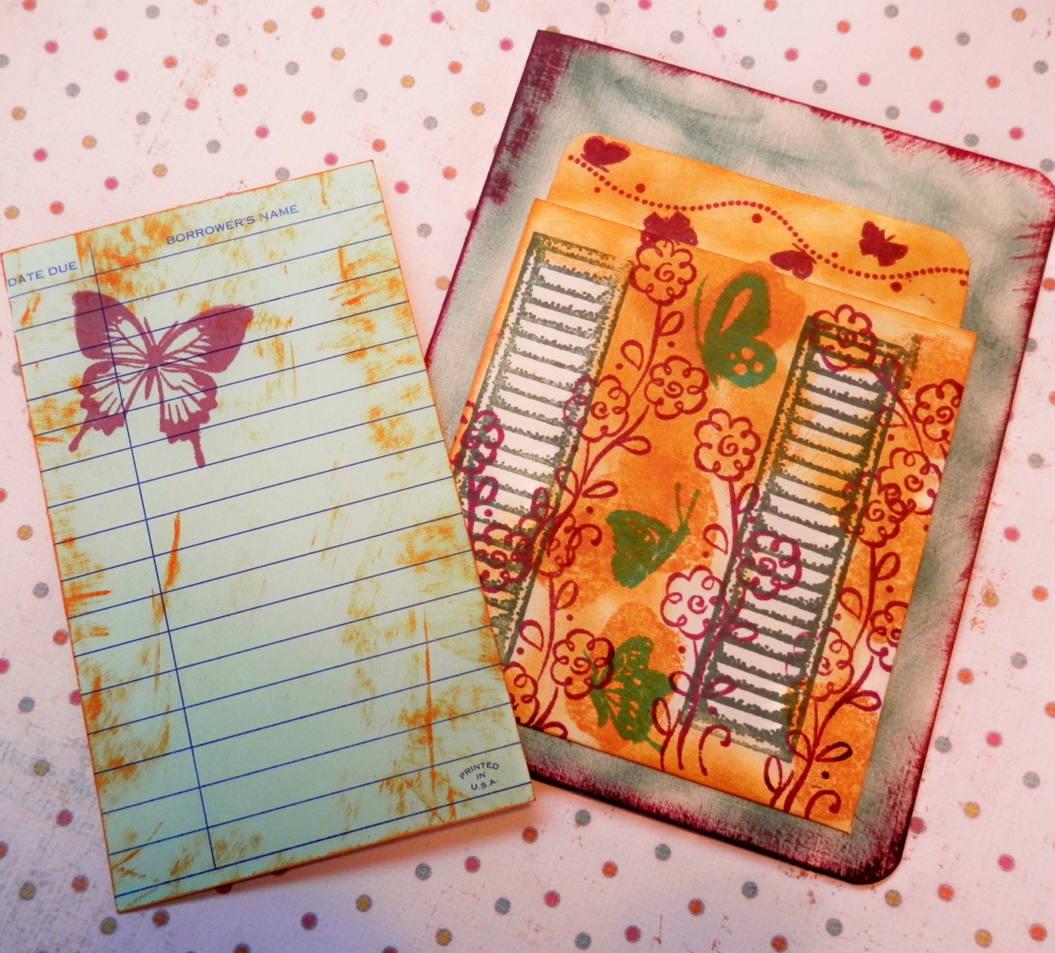 OOAK Art Collage and Ink Card "Bloom Where You're Planted" - Library Card (removable) and Pocket