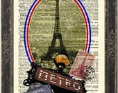 Eiffel Tower Champs Elysees Old Paris Metro Sign  Print on French English Dictionary Page mixed media  digital