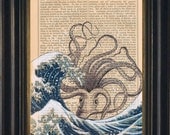 Mixed media with Acrylic Painting of  Hokusai's Great Wave with Octopus Ink and Paint Print on 1860's Antique Page