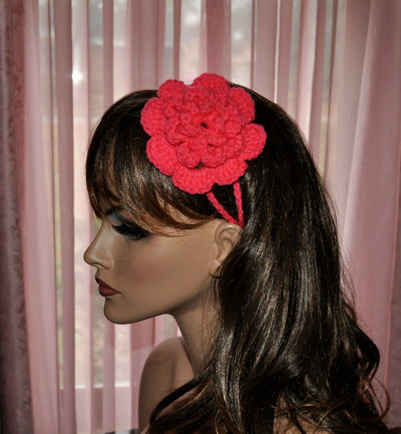 Crochet  headband, 3 D Flower headband with strings,Handmade Accessory for Girls, Teens, Women,  FHB 1.