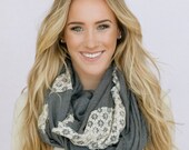 Linen Lace Infinity Scarf Charcoal Gray Loop Circle Scarf Women's Fashion Accessories lace and linen scarf in smoke gray (SCF-LNGRAY)
