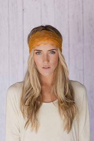 Mustard Sheer Lace Headband with Tapered Cut and Scalloped Edge - Sheer Simplicity Headband