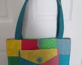 Summer Patchwork Tote/Purse Bright Colors Cotton Print Fabric Zippered and Open Pockets Button Accents
