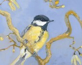 CHICKADEE Bird Painting, Acrylic original painting, blue, grey, yellow, mustard art, acrylic on canvas painting