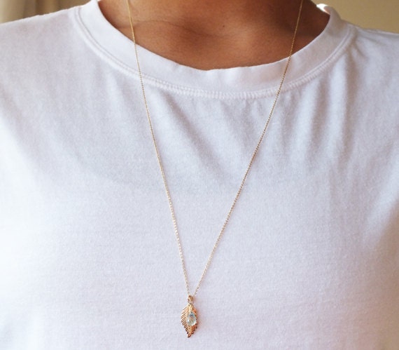 Long Gold Filled Leaf Charm Birthstone Necklace - Birthstone Charm Necklace - Leaf Necklace - Long Gold Necklace