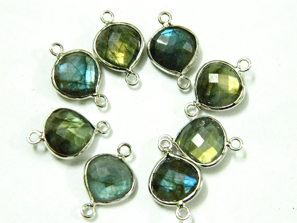 92.50  Sterling Silver - Framed Blue Flashy Labradorite Faceted Heart Shape Connector-Earrings Pendant Size 21mm. Great Item
