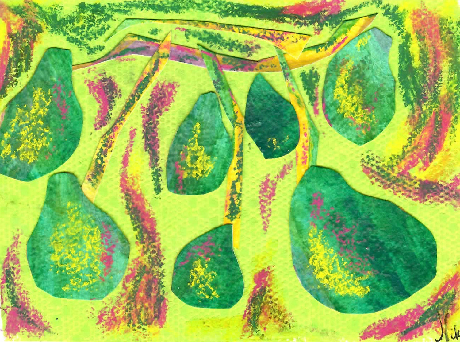 Avocado Card 15 Bright Miniature Mixed Media Fruit Collage on Paper