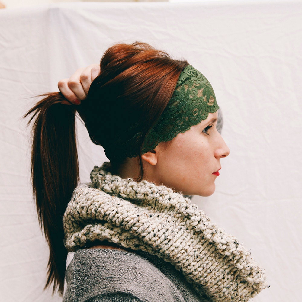 Wide Olive Green Stretch Lace Headband READY TO SHIP