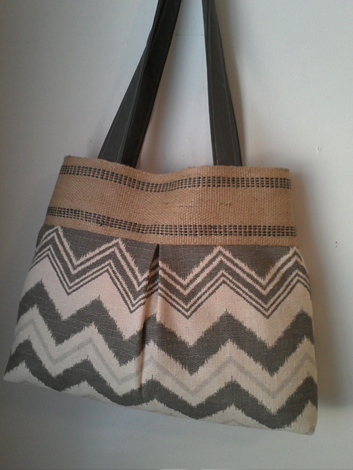 Grey Chevron on Cream Pleated Handbag Tote Purse with Jute Webbing