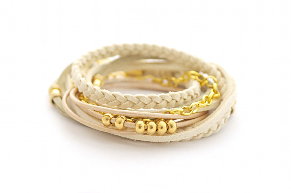 Beige Nude Wrap Bracelet, Leather wrap, Boho bracelet, suede, double wrap, boho chic, golden beads