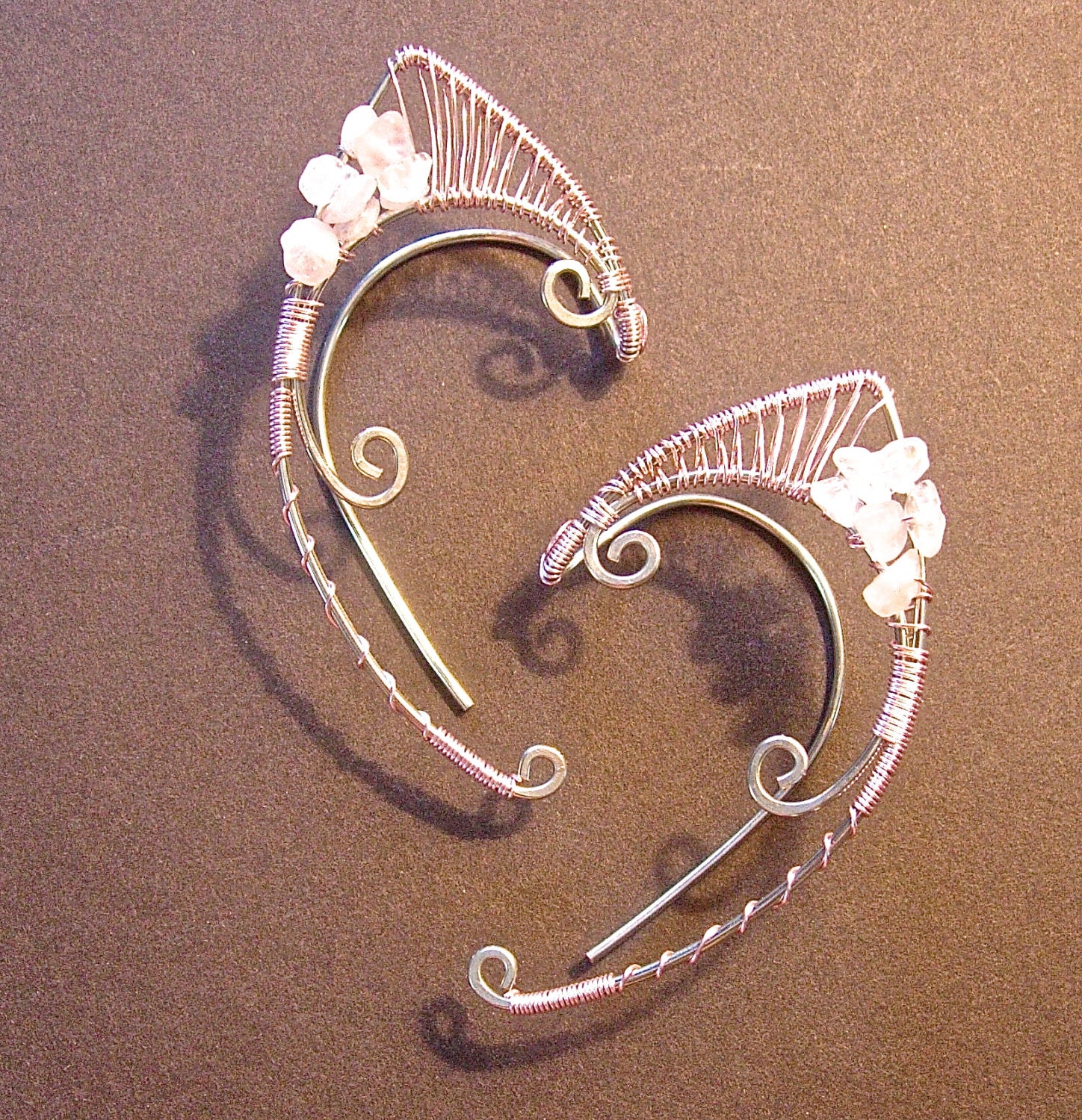 Pair of Elf Ear Cuffs with Genuine Rose Quartz, Renaissance, Elven