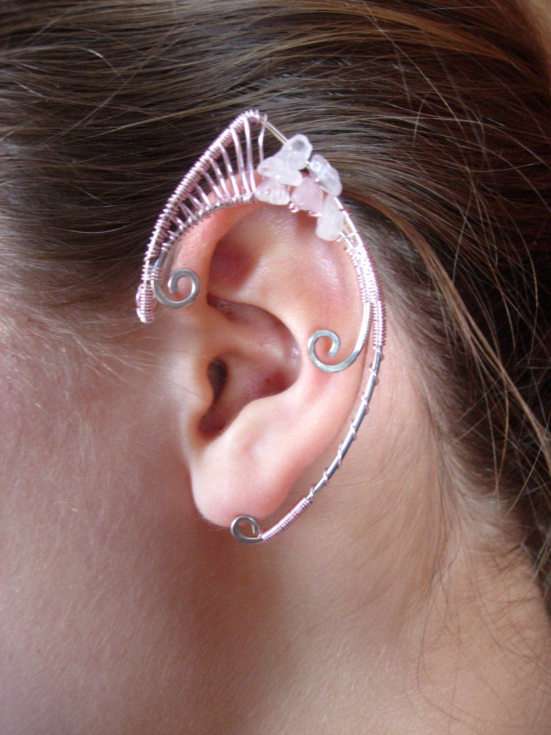 Pair of Elf Ear Cuffs with Genuine Rose Quartz, Renaissance, Elven