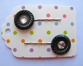 Button Bobby Pins - Vintage Buttons in Black with Gem Centers-  Silver Tone Bobby Pins - Set of 2