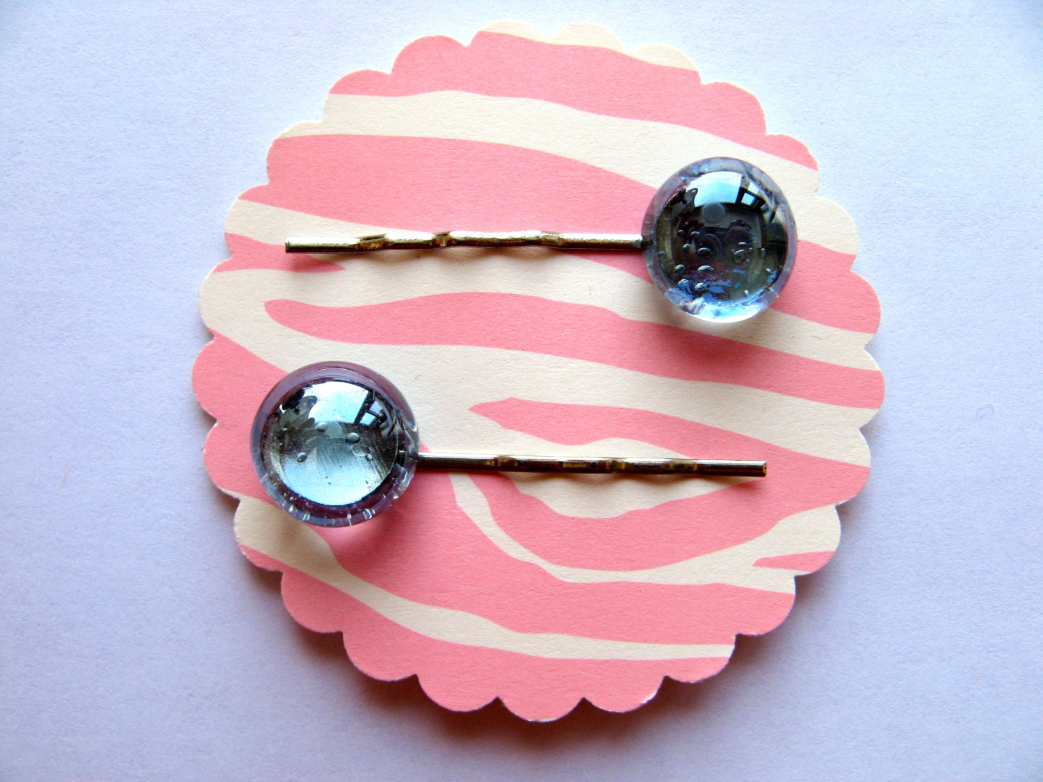 Clear Ice Blue Glass  on Silver Tone Bobby Pins - Set of 2- Flattened Oval Shape