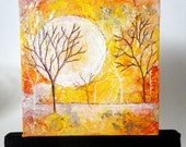 Yellow Mixed Media Mini Painting-3"x3" canvas on wooden easel-trees and moon