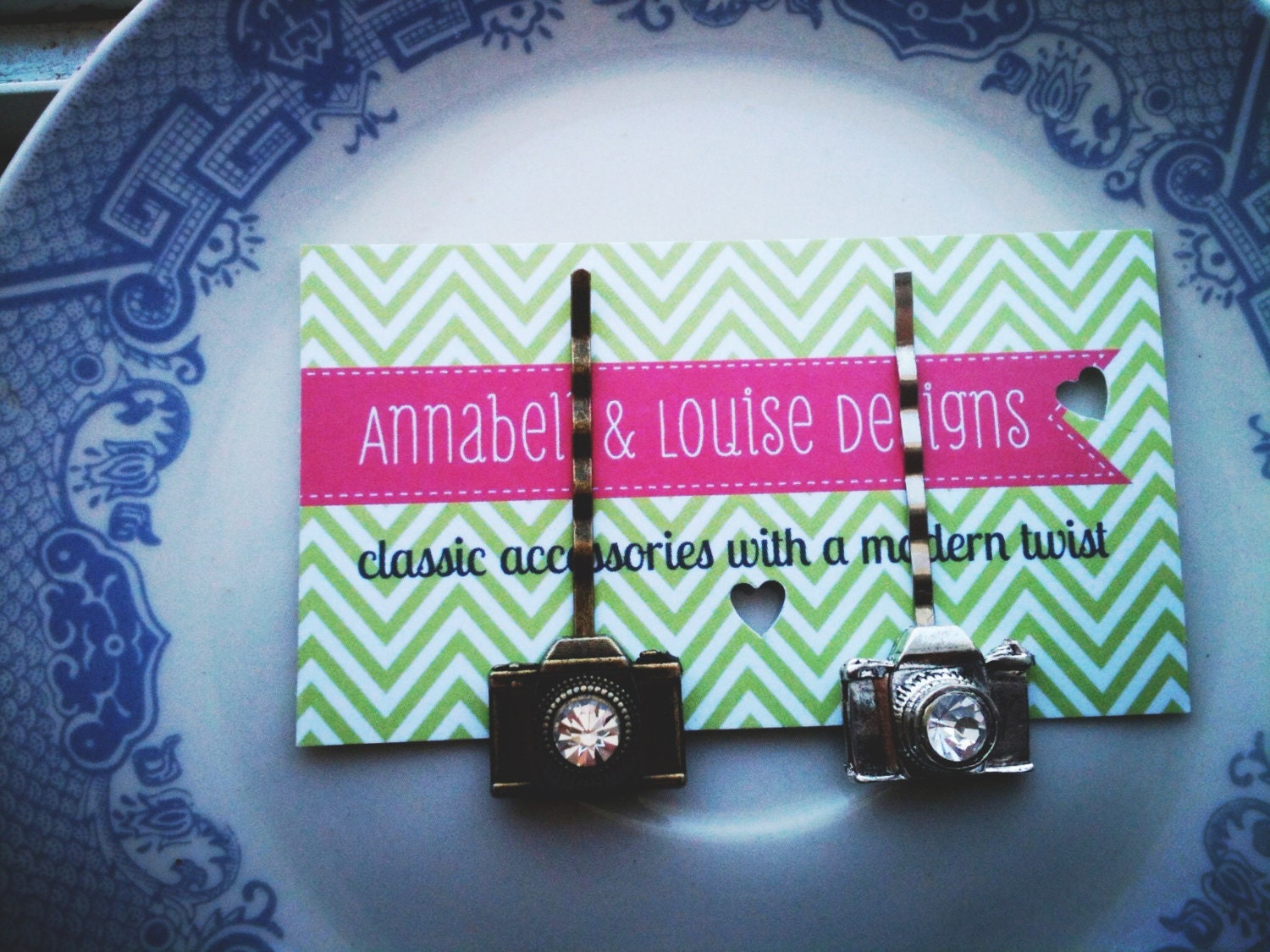 Camera bobby pins set of 2 capture the moment silver and antique bronze