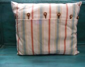 Blue, Peach Striped 20 x 20 Decorative Pillow Case with Handmade Wood Buttons