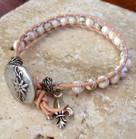 Leather Wrap Beaded Bracelet with White Howlite Stone, Silver Beads, Fleur De Lis Charm & Flower Button, Chan Luu Inspired