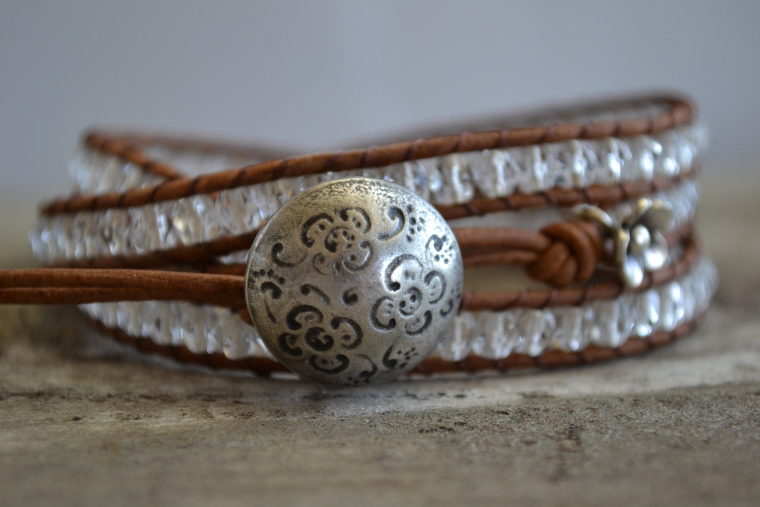 A gypsy's soul, diamond like beaded, light brown leather triple wrap bracelet, Rustic Country, Gypsy,  Boho chic, bohemian, Chan Luu style